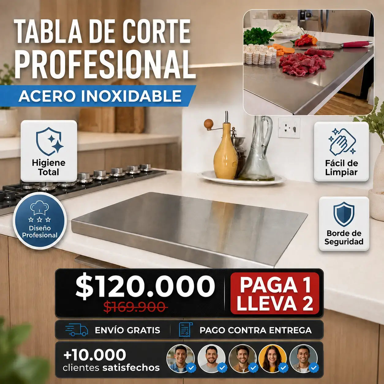 Tabla de Corte Profesional 30×40 cm — Acero Inoxidable